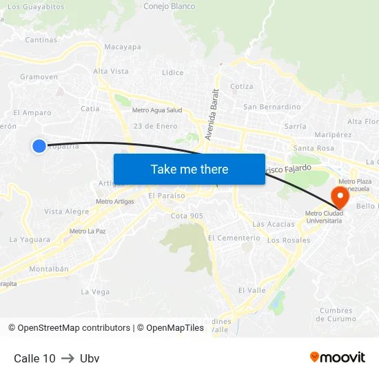 Calle 10 to Ubv map