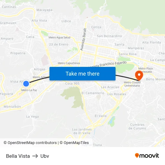 Bella Vista to Ubv map