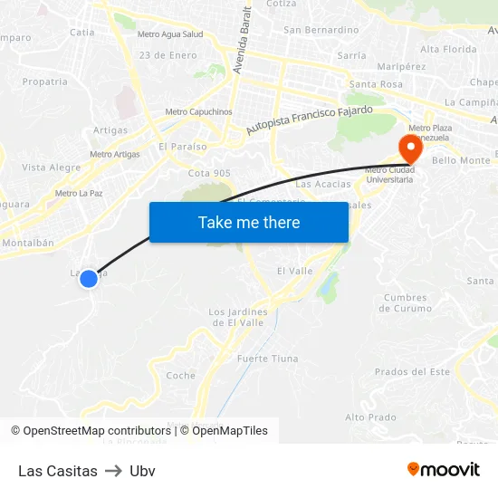 Las Casitas to Ubv map