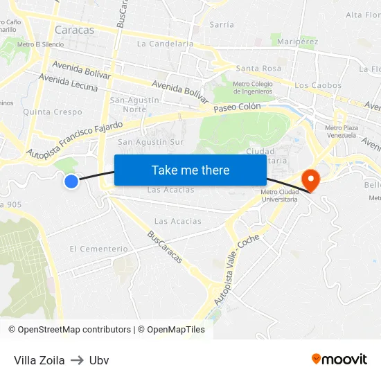 Villa Zoila to Ubv map