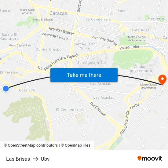 Las Brisas to Ubv map