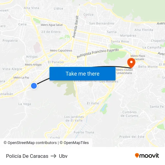 Policía De Caracas to Ubv map