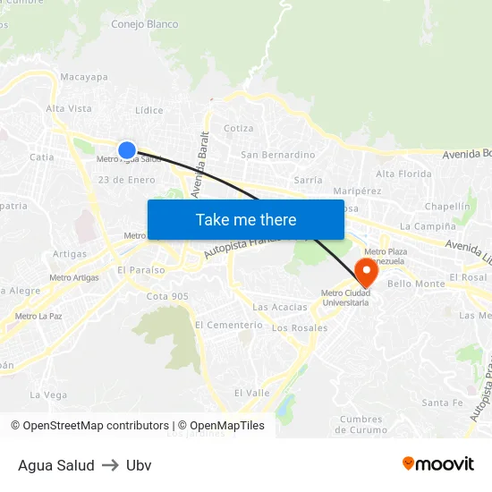 Agua Salud to Ubv map
