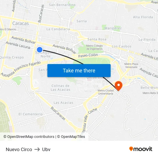 Nuevo Circo to Ubv map