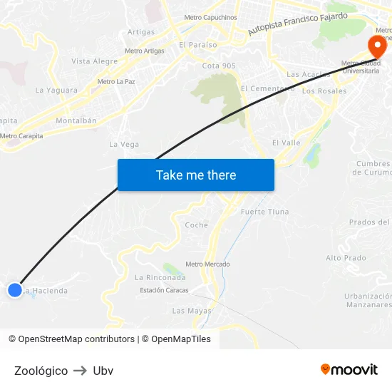 Zoológico to Ubv map