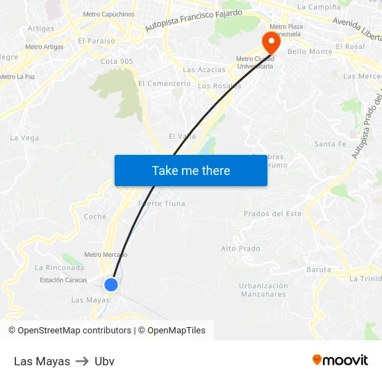 Las Mayas to Ubv map