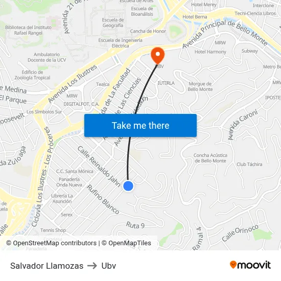 Salvador Llamozas to Ubv map