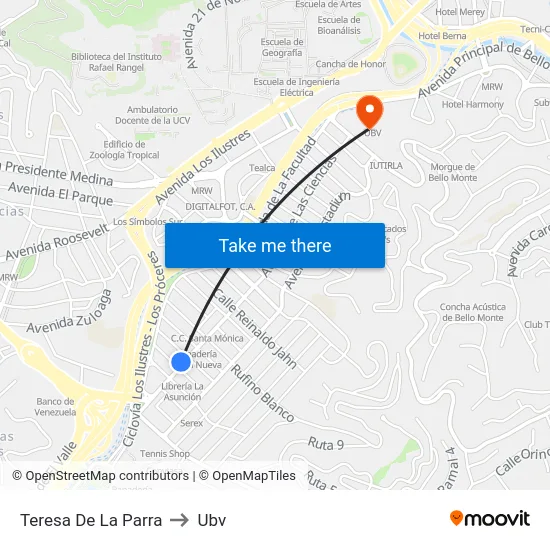 Teresa De La Parra to Ubv map