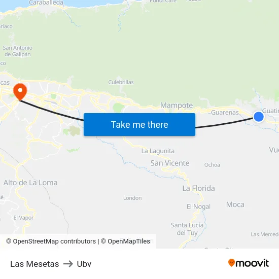 Las Mesetas to Ubv map