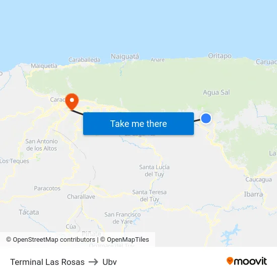 Terminal Las Rosas to Ubv map