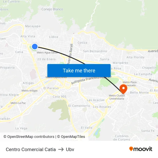 Centro Comercial Catia to Ubv map