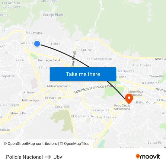 Policía Nacional to Ubv map
