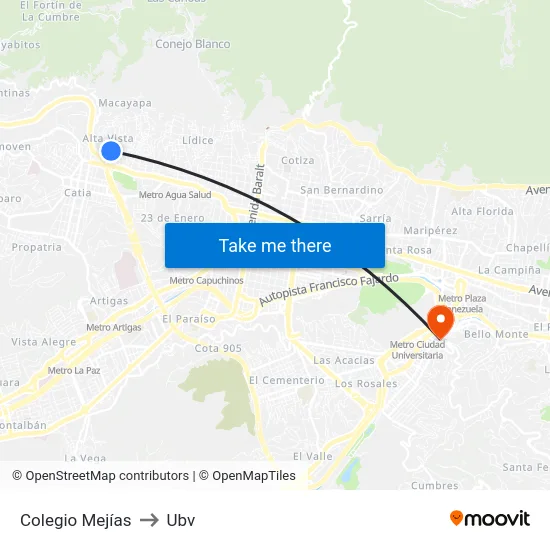 Colegio Mejías to Ubv map