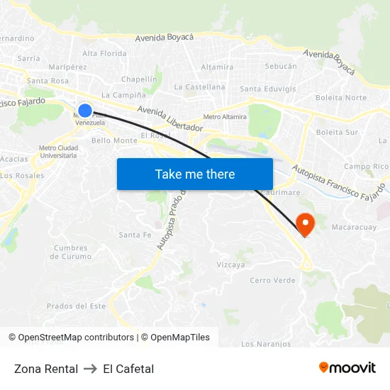Zona Rental to El Cafetal map