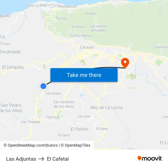Las Adjuntas to El Cafetal map
