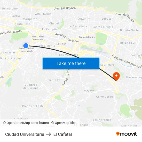 Ciudad Universitaria to El Cafetal map