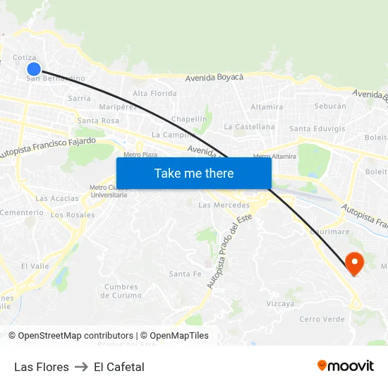 Las Flores to El Cafetal map