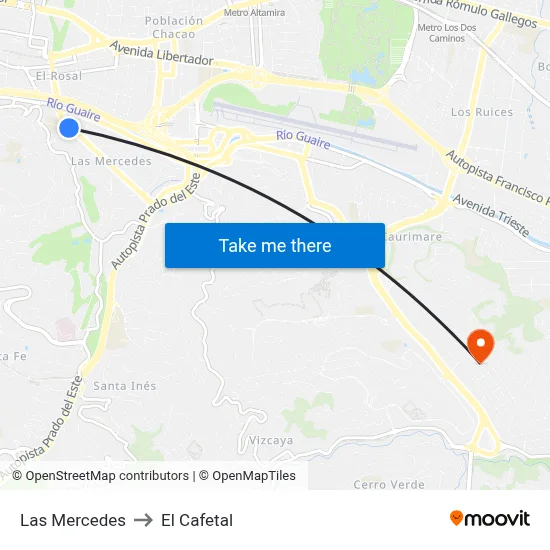 Las Mercedes to El Cafetal map