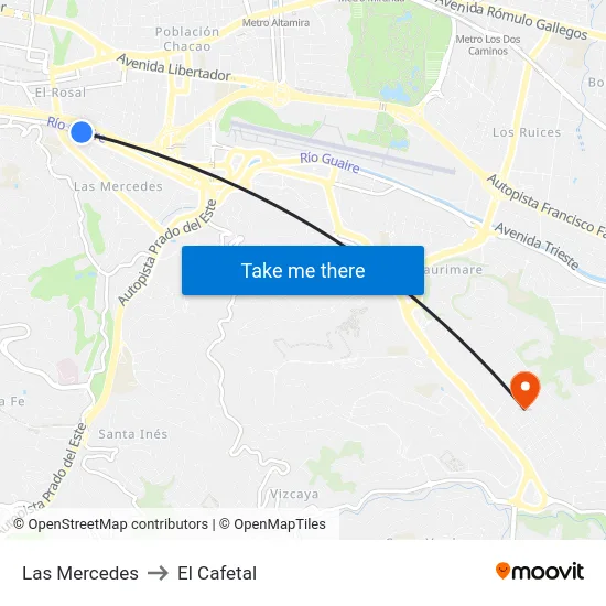 Las Mercedes to El Cafetal map