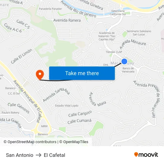 San Antonio to El Cafetal map