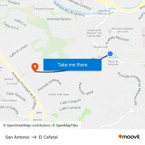 San Antonio to El Cafetal map