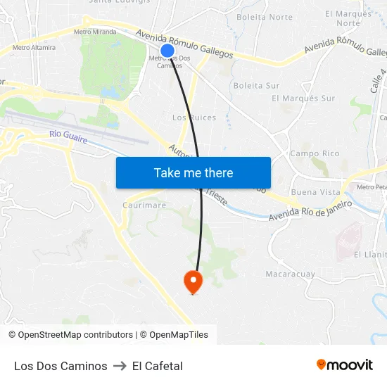 Los Dos Caminos to El Cafetal map