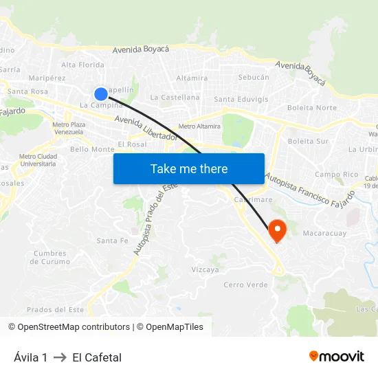 Ávila 1 to El Cafetal map