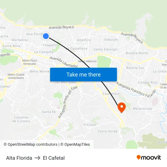 Alta Florida to El Cafetal map