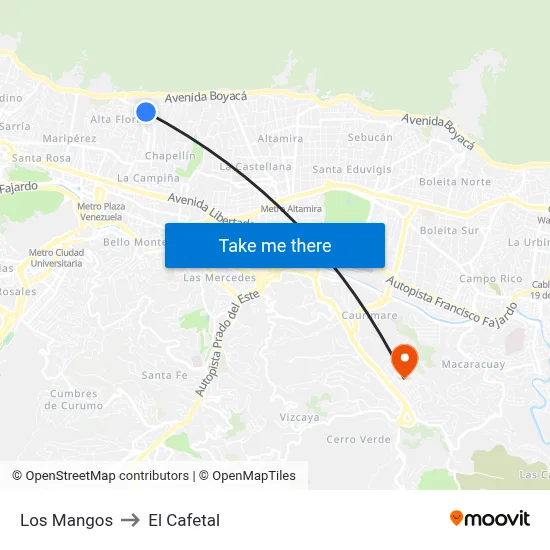 Los Mangos to El Cafetal map