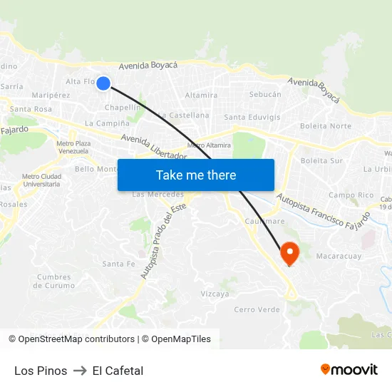 Los Pinos to El Cafetal map
