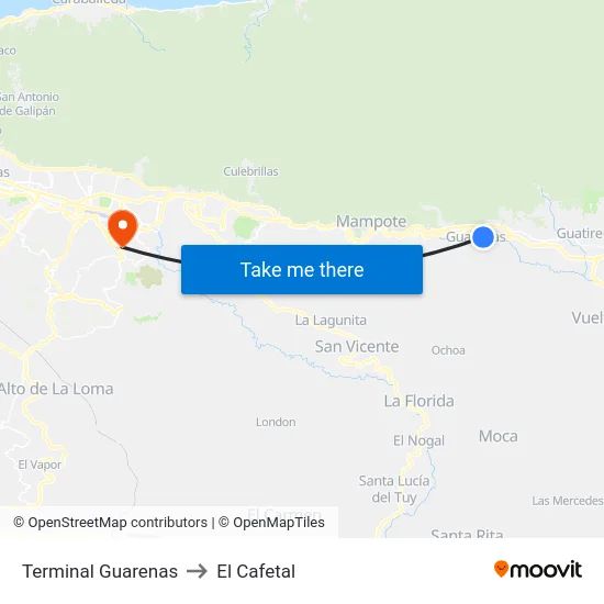 Terminal Guarenas to El Cafetal map