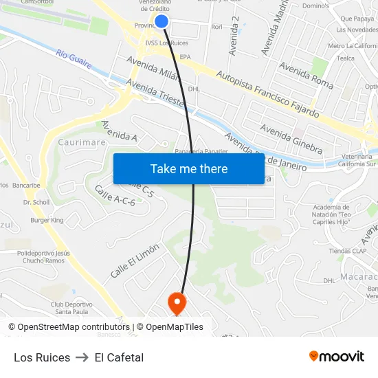 Los Ruices to El Cafetal map