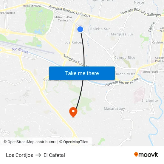 Los Cortijos to El Cafetal map