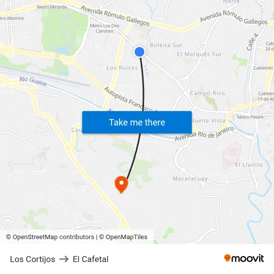 Los Cortijos to El Cafetal map