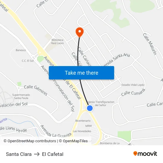 Santa Clara to El Cafetal map