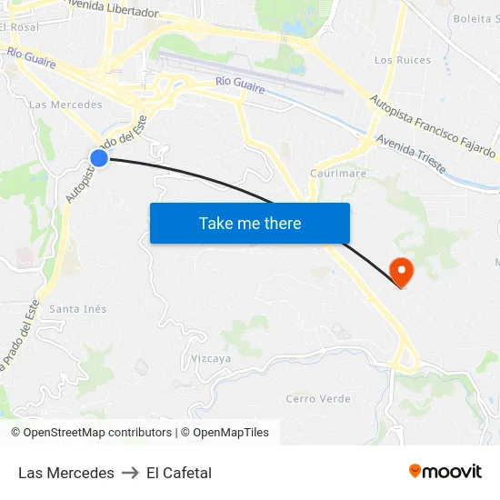 Las Mercedes to El Cafetal map