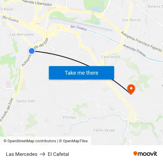 Las Mercedes to El Cafetal map