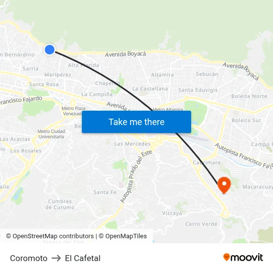 Coromoto to El Cafetal map