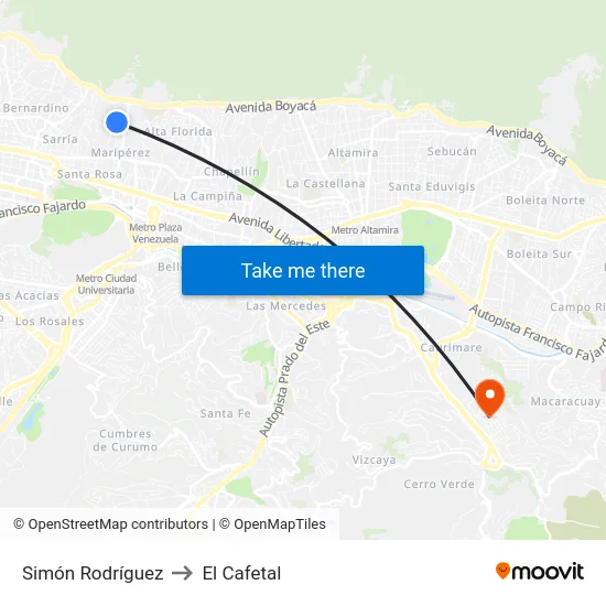 Simón Rodríguez to El Cafetal map