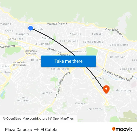 Plaza Caracas to El Cafetal map