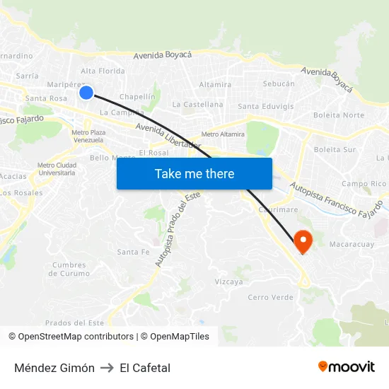 Méndez Gimón to El Cafetal map