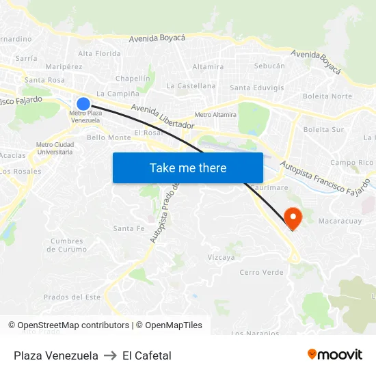 Plaza Venezuela to El Cafetal map