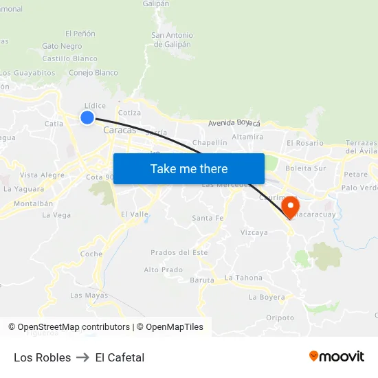 Los Robles to El Cafetal map