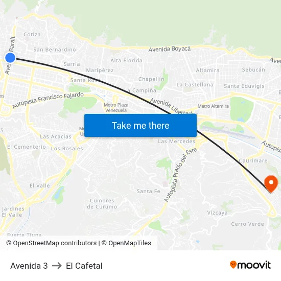 Avenida 3 to El Cafetal map