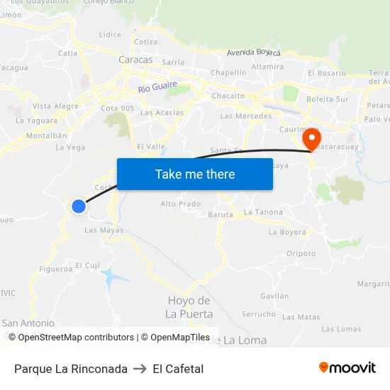Parque La Rinconada to El Cafetal map