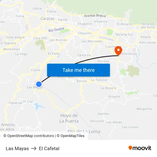 Las Mayas to El Cafetal map