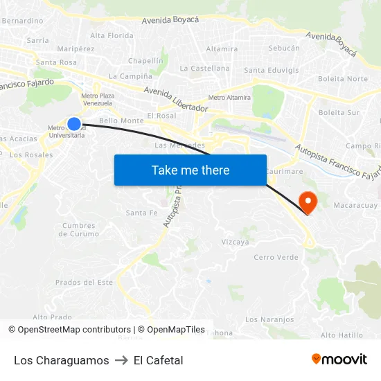 Los Charaguamos to El Cafetal map