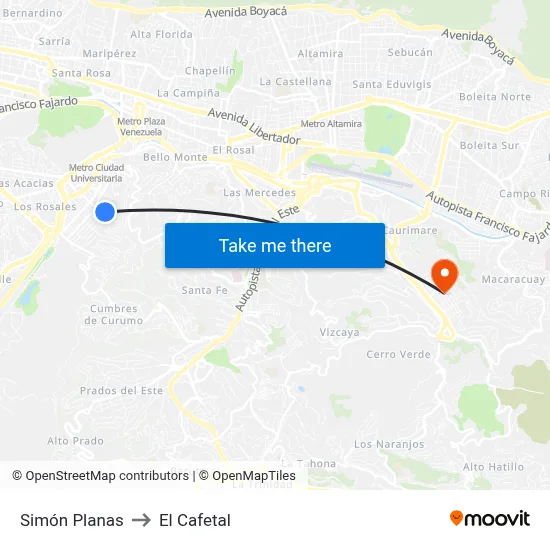 Simón Planas to El Cafetal map