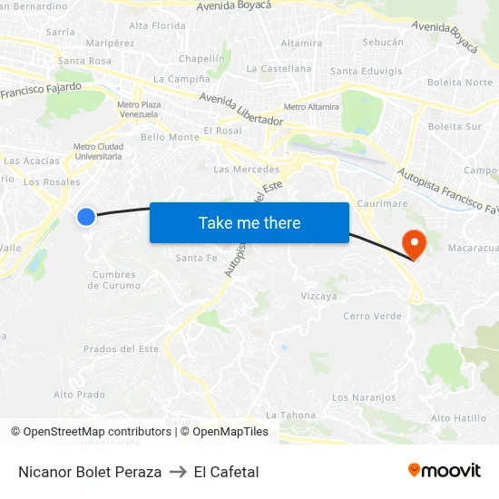 Nicanor Bolet Peraza to El Cafetal map