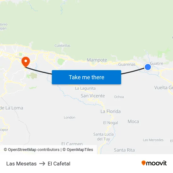Las Mesetas to El Cafetal map
